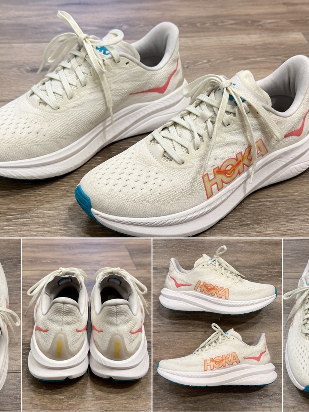 Hoka Women's Running Shoes in Cream with Coral and Teal Accents